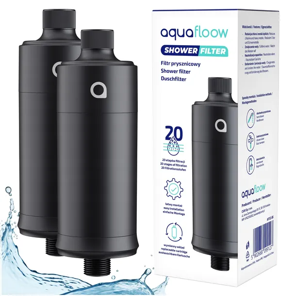 2x Filtr wody prysznicowy AquaFloow do prysznica do twardej wody na chlor
