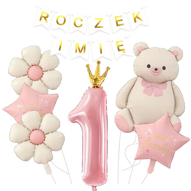 BALONY DEKORACJE ŚCIANKA ZESTAW BALONÓW NA ROCZEK 1 URODZINY MIŚ 7 SZT
