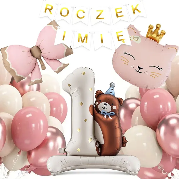 BALONY ZESTAW BALONÓW NA 1 URODZINY MIŚ KOTEK GIRLANDA ROCZEK + IMIĘ 34 SZT