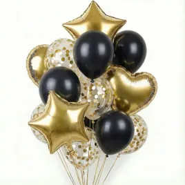 Zdjęcie produktu Zestaw Balonów - ZŁOTE CZARNE GWIAZDKI SERCA KONFETTI - Bukiet Na Hel 14szt