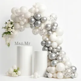 Zdjęcie produktu GIRLANDA BALONOWA BIAŁA SREBRNA - ŁUK DEKORACJA URODZINOWA ZESTAW 114SZT