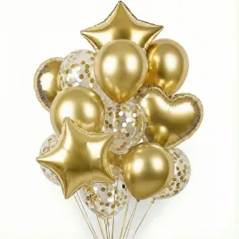 Zdjęcie produktu Zestaw Balonów - ZŁOTE GWIAZDKI SERCA KONFETTI - Bukiet Na Hel 14szt
