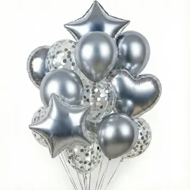 Zdjęcie produktu Zestaw Balonów - SREBRNE GWIAZDKI SERCA KONFETTI - Bukiet Na Hel 14szt