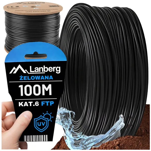 Lanberg Kabel LAN FTP KAT-6 305M drut outdoor żelowany cu fluke, czarny