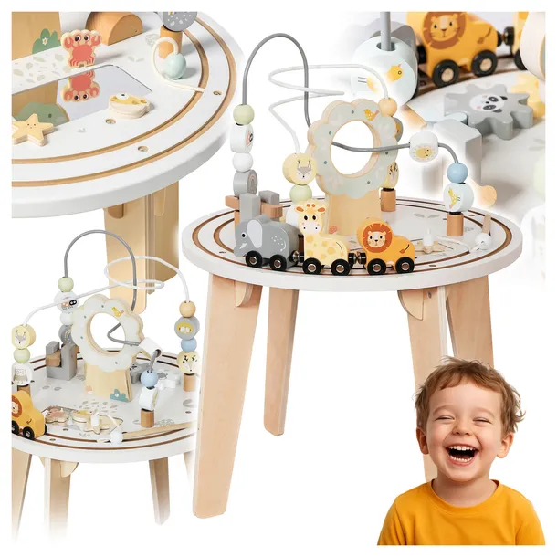 Drewniany Stolik Manipulacyjny Montessori 2w1 Tor Sensoryczny Pętla Pojazdy