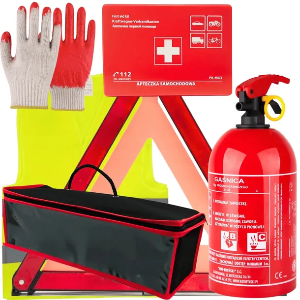 Apteczka Gaśnica Trójkąt Kamizelka Rękawice robocze w pokrowcu do bagażnika