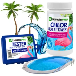Zdjęcie produktu ZESTAW MULTI 8W1 NIEBIESKIE TABLETKI + TESTER pH CHLOR CHEMIA DO BASENU SPA