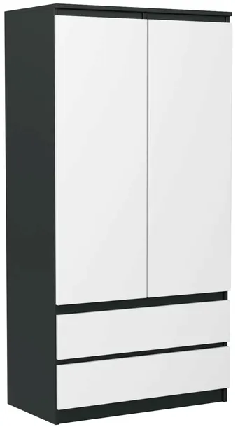 SZAFA 90CM 2 DRZWI 2 SZUFLADY PÓŁKI POJEMNA GARDEROBA CZARNY-BIAŁY