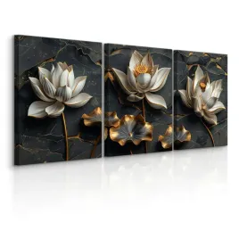 obrazy-do-salonu-set-abstrakcyjne-biale-kwiaty-lotosu-styl-glamour-90x40