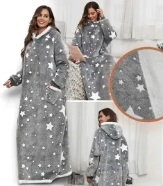 bluzokoc-szary-w-gwiazdki-ponczo-bluza-z-kapturem-kieszen-dlugi-polar-overs