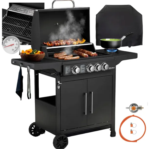Grill gazowy Zeegma 4-palnikowy żeliwny ruszt pokrowiec szafka 11,2kW