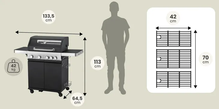 grill-gazowy-4-1-rusztem-zeliwnym-ogrodowy-1420-kw-nierdzewny-pokrowiec-stan-nowy-cechy-dodatkowe-kolka-nienagrzewajacy-sie-uchwyt-nieprzywierajaca-powloka-palnik-boczny-do-gotowania-pojemnik-na-tluszcz-pokrowiec-pokrywa-polka-regulacja-temperatury-szafka-termometr