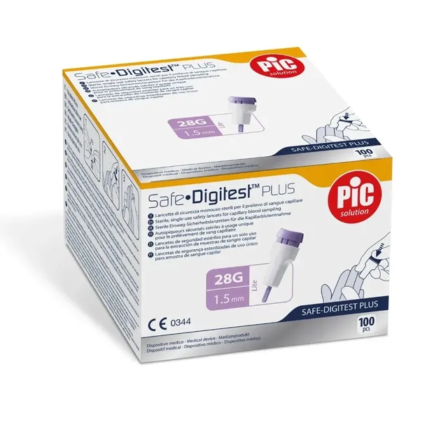 PIC Safe Digitest Plus 28G/1,5mm 100szt Nakłuwacz bezpieczny lancety