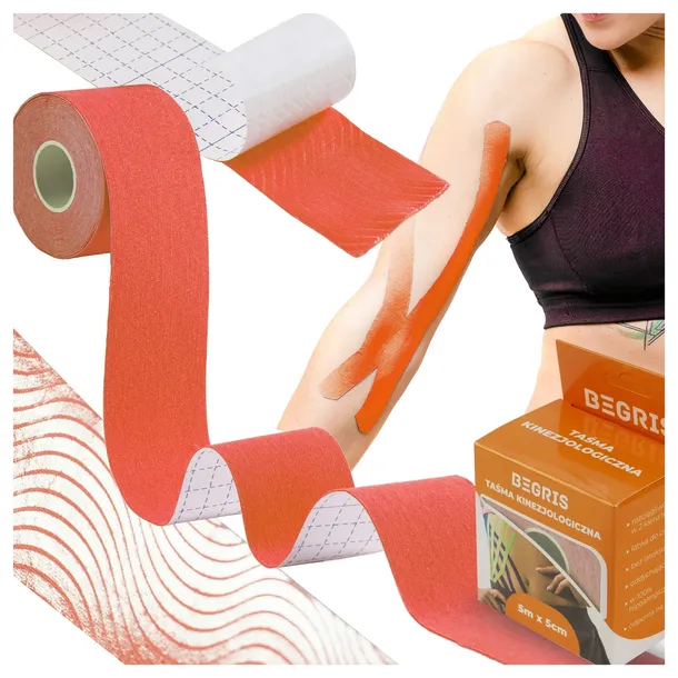 TAŚMA KINEZJOLOGICZNA TEJPY TAPE KINESIO TAPING POMARAŃCZOWA PLASTRY 5CM 5M