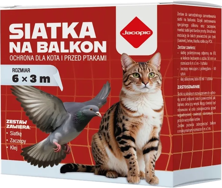 ZESTAW SIATKA NA BALKON DLA KOTA GOŁĘBIE PTAKI 6X3m, OKO 50mm BEZ WIERCENIA