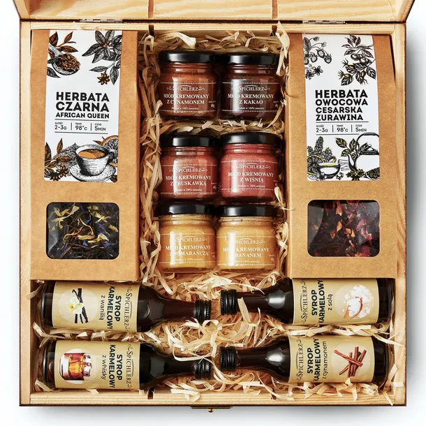 Elegancki PREZENT premium skrzynka MIODY HERBATY syropy DUŻO SKŁADNIKÓW