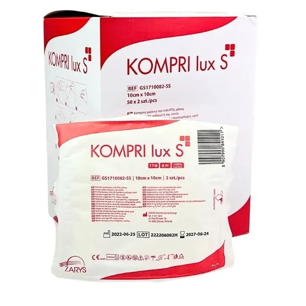 KOMPRESY GAZOWE JAŁOWE ZARYS 10 cm x 10 cm 100 szt. Kompres KOMPRI LUX S