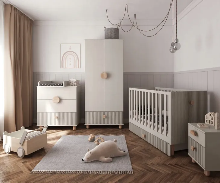 Kaszmirowy zestaw LOFT 4el Szafa Komoda Szafka nocna Łóżeczko 2w1 120x60 sz