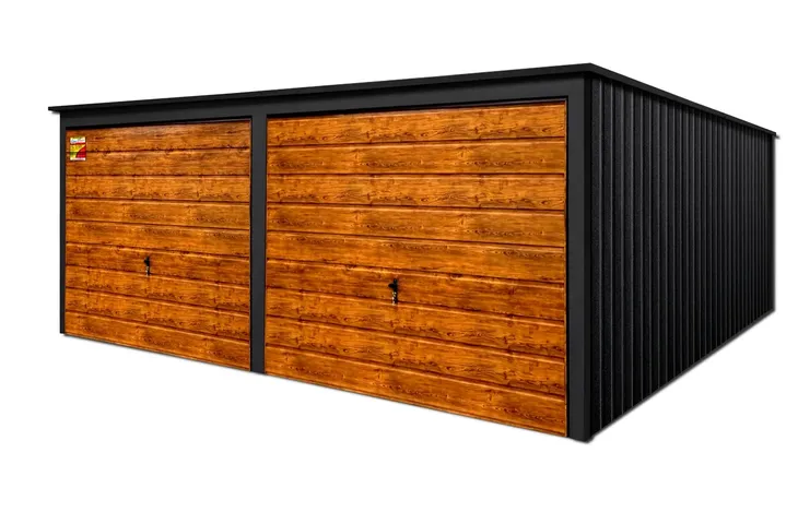 Garaż blaszany 6X5 LUX spad dachu do tyłu, drewnopodobne bramy, producent