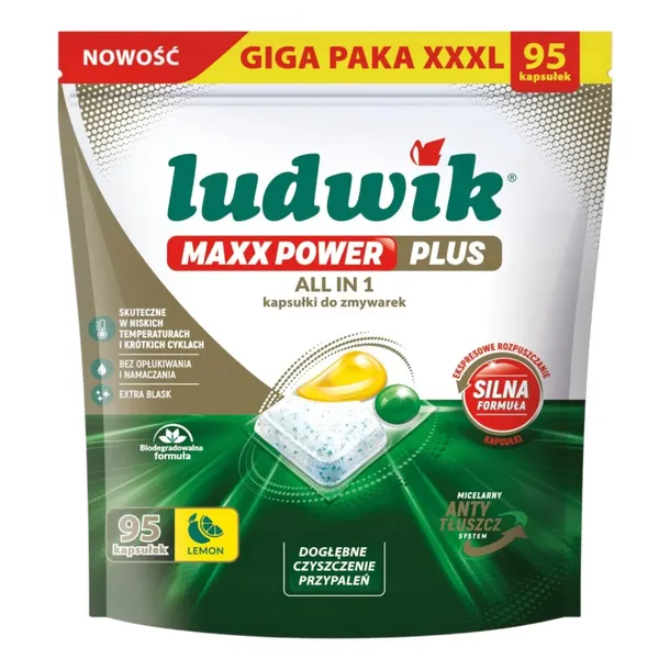 Ludwik ALL IN ONE MAXX POWER Lemon Kapsułki do Zmywarki GIGA PAKA XXL 95szt