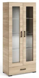 witryna-wysoka-fabio-80-cm-sonoma-z-polkami-szuflada-i-przeszkleniem