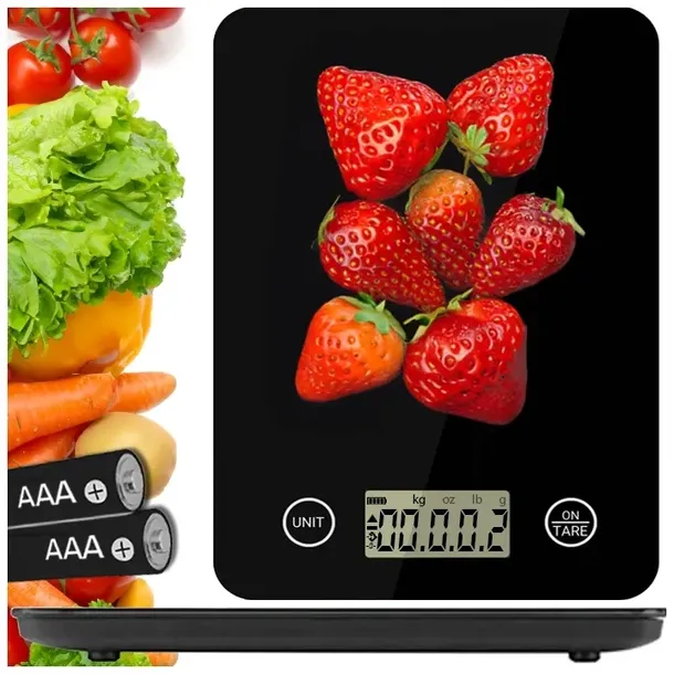 WAGA KUCHENNA ELEKTRONICZNA LCD 5KG 1G SZKLANA CZARNA DOMOWA PŁASKA BATERIE