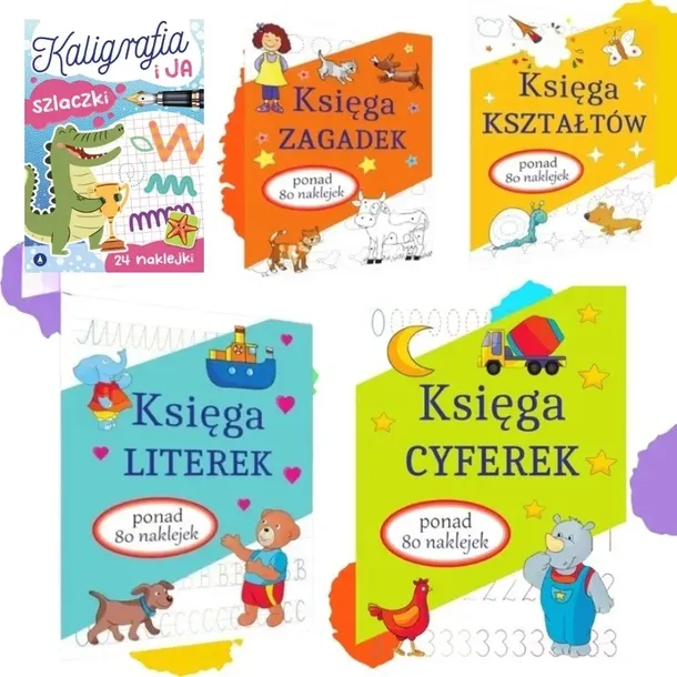 Nauka Pisania książeczki LITERKI + CYFERKI + ZADANIA 5W1 NAKLEJEKI 400