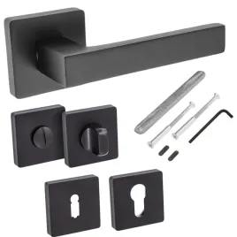 Zdjęcie produktu Klamka Querta Czarna Kwadratowa z komplecie z szyldem klucz/wc/patent Solid