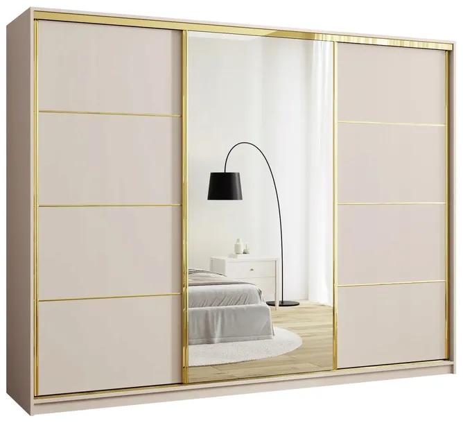 Szafa przesuwna z lustrem 280 cm GOLD NEW trzydrzwiowa z półkami i drążkami