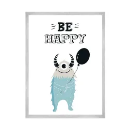 plakat-dzieciece-napis-be-happy-21x297-cm-ramka-srebrna