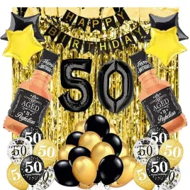 dekoracje-scianka-zestaw-balonow-na-50-urodziny-czarno-zloty-konfetti-42szt