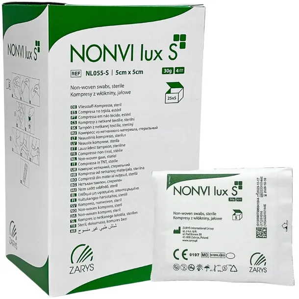 KOMPRESY WŁÓKNINOWE GAZIKI JAŁOWE ZARYS NONVI lux S 5cm x 5cm 125 SZTUK