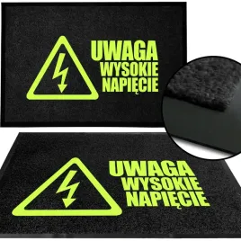 wycieraczka-wejsciowa-pod-drzwi-czarna-napis-uwaga-wysokie-napiecie-wzor