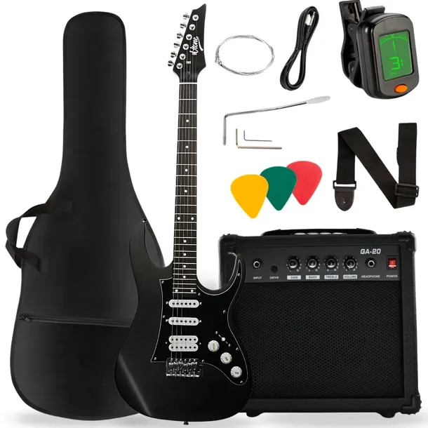 GITARA ELEKTRYCZNA 4/4 STRATOCASTER WZMACNIACZ POKROWIEC TUNER KABEL ZESTAW