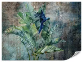fototapeta-do-salonu-papuga-abstrakcja-tropikalne-liscie-mural-450x300