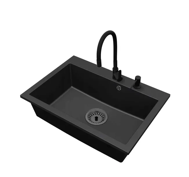 Zlewozmywak Granitowy Jednokomorowy Elite 70 Bateria Dozownik Syfon Czarny