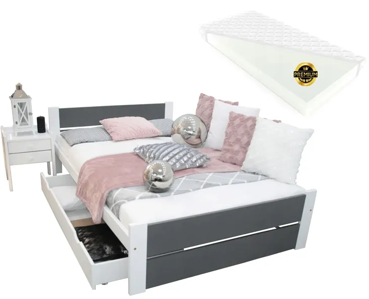 Łóżko drewniane LEA 90x200 białe szare + stelaż MATERAC PIANKOWY
