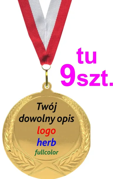 Złoty medal metalowy 7 cm DOWOLNY OPIS jednostronny wstążka TU KPL. 9 SZTUK