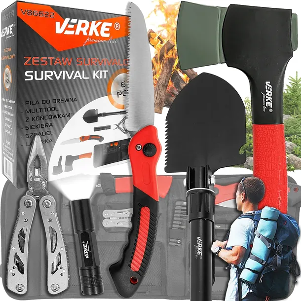 ZESTAW SURVIVALOWY PRZETRWANIA PIŁA MULTITOOL SIEKIERA SAPERKA LATARKA