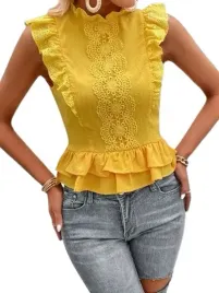 shein-bluzka-zolta-z-koronka-dopasowana-38-lrq