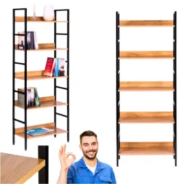 regal-drewniany-do-salonu-wysoki-na-ksiazki-kwiaty-metalowy-5-polek-loftowy