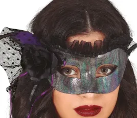 maska-na-oczy-holograficzna-z-czarna-roza-i-fioletowymi-piorkami-halloween