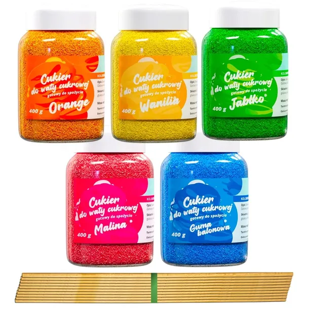 CUKIER KOLOROWY do waty cukrowej 5x400g smakowy MIX gratis 10szt patyczków