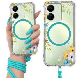 etui-do-xiaomi-redmi-13c-antishock-ring-magsafe-turkusowa-smycz-flower