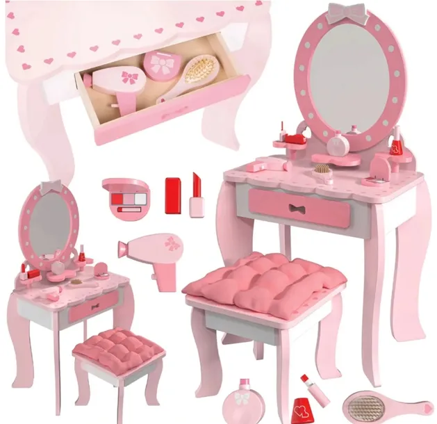 PLAYTIVE TOALETKA DREWNIANA Z LUSTREM Z DREWNA STOŁEK PODUSZKA AKCESORIA