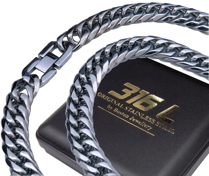 SREBRNA BRANSOLETA + SREBRNY ŁAŃCUCH NA SZYJĘ ZESTAW 9mm PANCERKA STAL 316L
