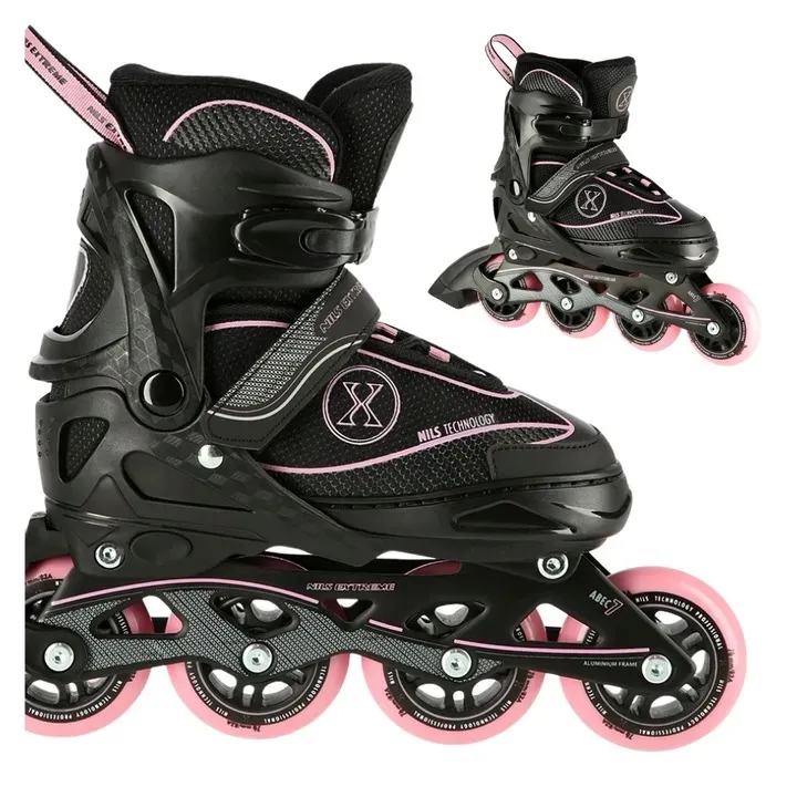 rolki-z-regulacja-lyzworolki-rozowe-rekreacyjne-kauczukowe-mlodziezowe-nils