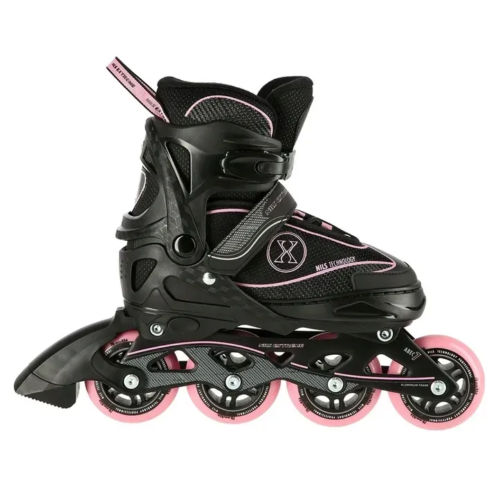 rolki-z-regulacja-lyzworolki-rozowe-rekreacyjne-kauczukowe-mlodziezowe-nils-stan-nowy