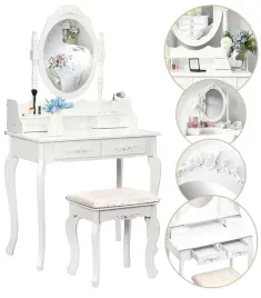 toaletka-kosmetyczna-z-lustrem-taboret-szuflady-biala-stylowa