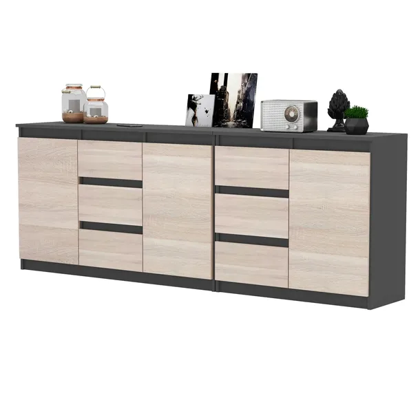 Komoda Antracyt/Sonoma 200 cm Duza Komoda 6 szuflad 3 drzwi ZESTAW MEBLOWY